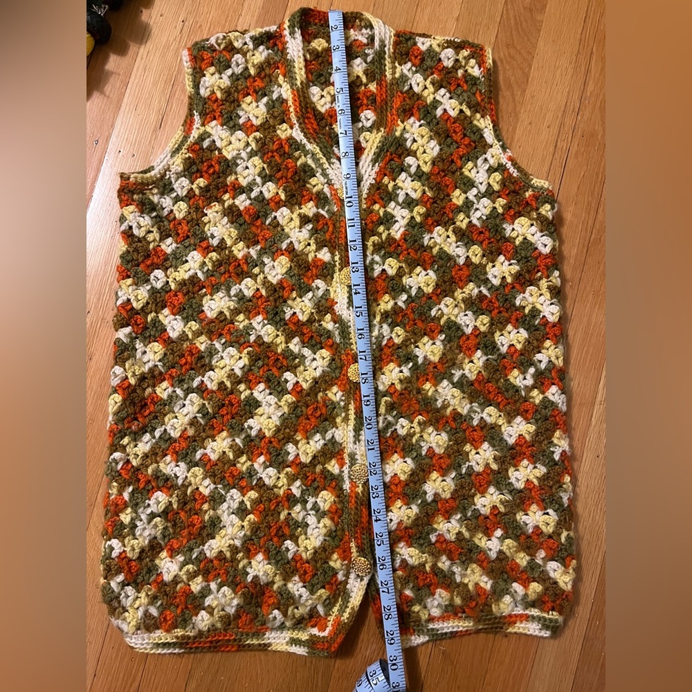 Hippie handmade crochet afghan sweater vest M 70’s L S orange green vintage fall - Picture 3 of 6